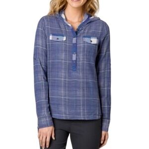 PRANA Blue Plaid Buffalo Anja Half Button Pullover Long Sleeve Cotton Hoodie XS